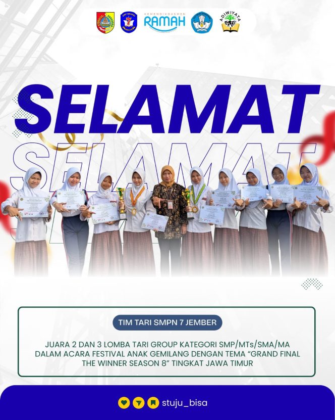 
 Tim Tari SMPN 7 Jember Raih Juara 2 dan 3 Festival Anak Gemilang Tingkat Jawa Timur