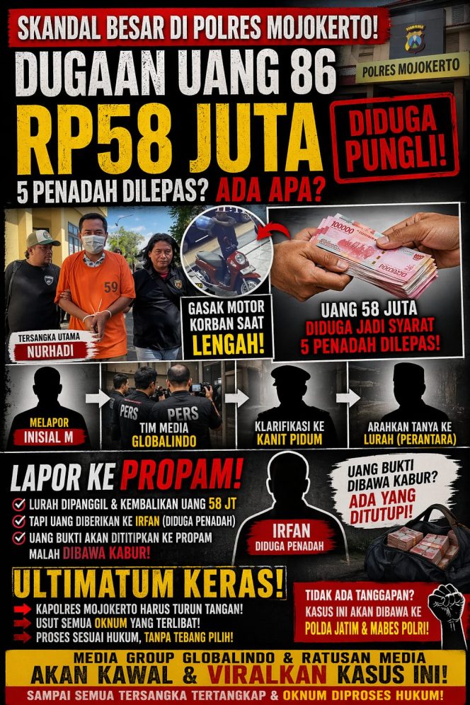 
 ULTIMATUM! Dugaan “Uang 86” Rp58 Juta di Kasus Curanmor Mojokerto, Kapolres Diminta Turun Tangan